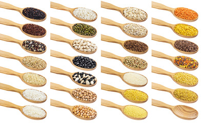 Collection of different groats in wooden spoons isolated on white background