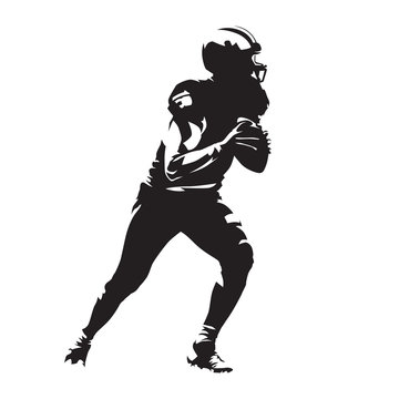 American football player holding ball, side view. Abstract vector silhouette. Team sport