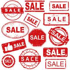 A set of grunge rubber stamps with sale text for sellers.
