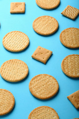 Crunchy crackers cookies on blue
