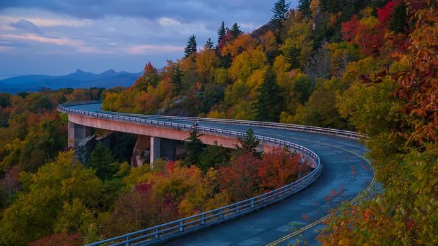 Linn Cove Viaduct in Blue Ridge Mountains at early morning sunrise in autumn