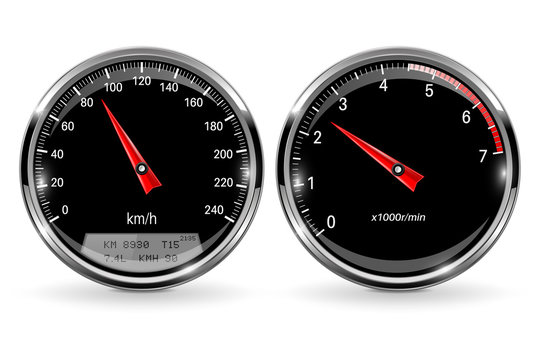 Speedometer and tachometer. Black round gauge with chrome frame