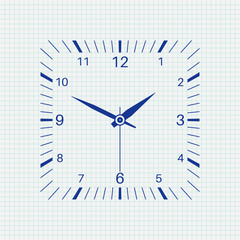 Clock. Square shaped clock on lined paper background