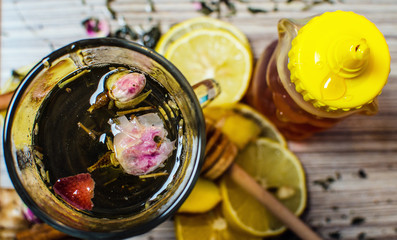 Hot winter tea with lemon, honey and ginger.