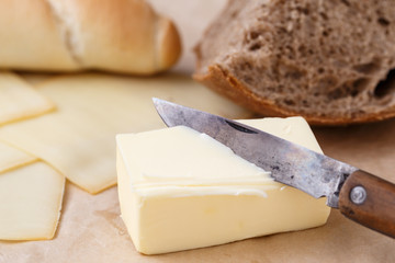 Butter and bread,cheese for breakfast,over rustic paper background