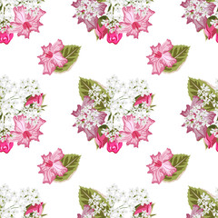 Seamless vintage pattern with beautiful pink and white flowers. Hand-drawn floral background for textile, cover, wallpaper, gift packaging, printing.Romantic design for calico.