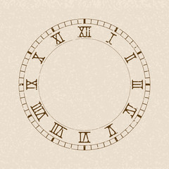 Clock face. Blank clock with roman numerals on beige background
