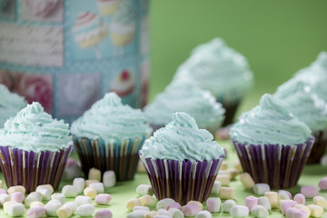Cupcakes with minis marshmallows on green background