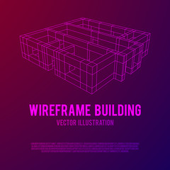 Abstract architecture building. Plan of modern house. Wireframe low poly mesh construction.