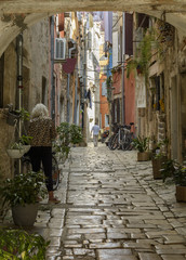 a cobbled street in the old town of  Rovinj