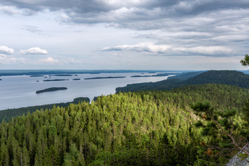 View of the big beautiful lake and forest from hill top, Koli National Park, Finland