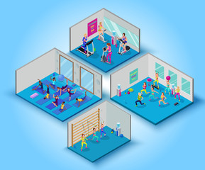 Fitness training big set with yoga, aerobics, cardio and suspension workout classes, isometric vector 3d illustration with sports girls, modern physical exercises concept - 181394154