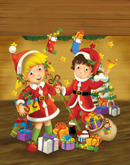 cartoon scene with boy and girl dressed as santa claus in a room full of presents and christmas tree illustration for children