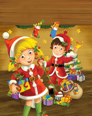 Obraz na płótnie Canvas cartoon scene with boy and girl dressed as santa claus in a room full of presents and christmas tree illustration for children