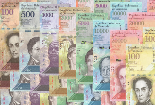 Colorful collection of Venezuelan bills (Bolivar Fuerte or VEF), including the new 100 thousand bill (in number says 100), the latter out in circulation since November 2017