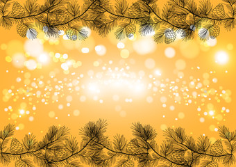 Golden Christmas sparkling background, winter holiday vector card template.