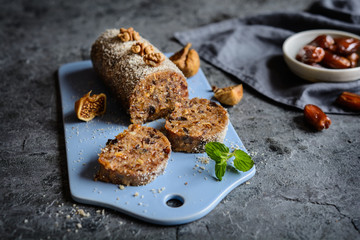 Sweet salami made of dried figs, dates, plums and walnuts