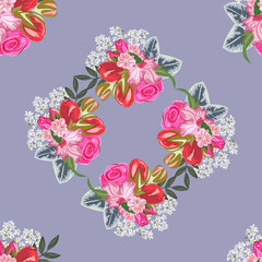 Seamless vintage pattern with beautiful pink, red and white flowers. Hand-drawn floral background for textile, cover, wallpaper, gift packaging, printing.Romantic design for calico, home textiles.