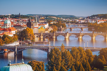 Prague, Czezh Republic. Scenic autumn aerial view of the Old Town with red foliage
