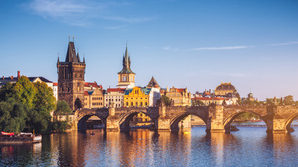 Fototapeta na wymiar Czech Republic, Prague panorama with historic Charles Bridge and Vltava river