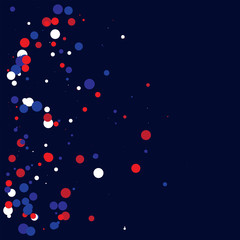 American national colors square vector background, festive pattern with flying, falling red, blue, white stars in colors of the United States' flag. Independence Day banner, bright star dust confetti