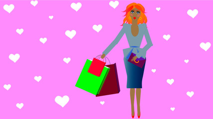 Doll picture of girl with shopping packages shopping background