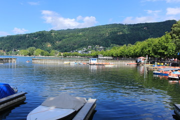 A view of the Bregenz Harbor on the coast of Lake Constance (Bodensee) in Vorarlberg, Austria.