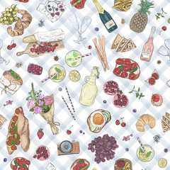 Seamless background Hand drawn Picnic pattern. Vector illustration sketchy romantic elements Summer Food Drinks Wine