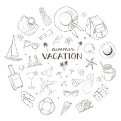 Vacation background. Linear graphic. Romantic summer holidays travel. Vector image with a calligraphic inscription