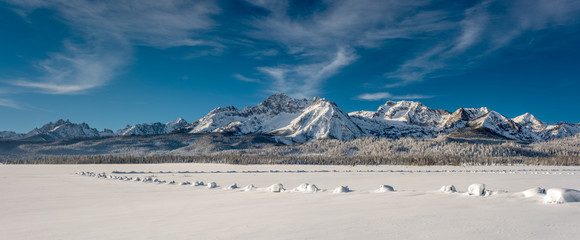 Panoramic view of the Sawtooth mountain range in winter