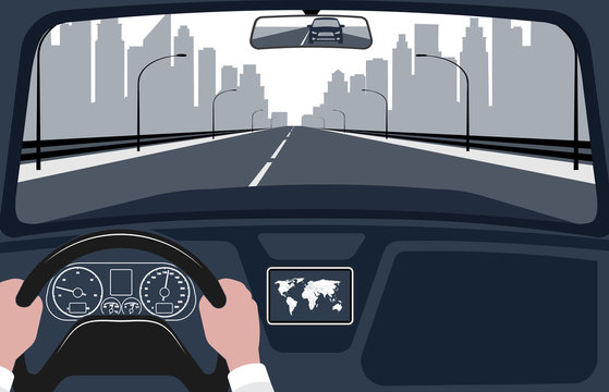 View Of The Road From The Car Interior Vector Illustration.