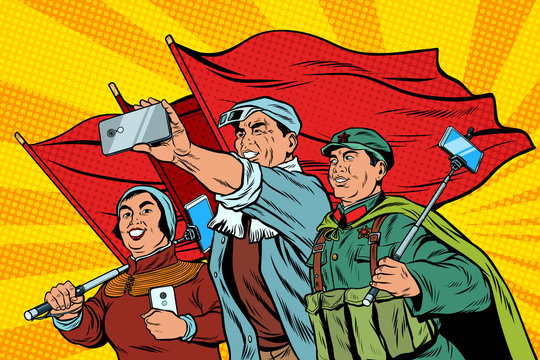 Chinese workers with smartphones selfie, poster socialist realis