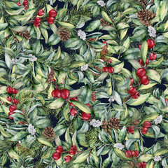 Watercolor winter floral seamless pattern. Hand painted floral branches, berries, snowberries, leaves and pine cones. Holiday print. Christmas clip art.