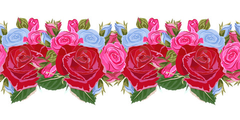 Seamless floral border with beautiful roses. Hand-drawn pattern on white background. Design element for cards, invitations, wedding, congratulations. Panoramic format.