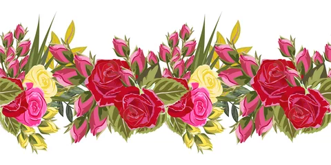 Fotobehang Seamless floral border with beautiful roses. Hand-drawn pattern on white background. Design element for cards, invitations, wedding, congratulations. Panoramic format. © mrnvb