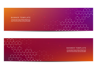 Technological and scientific banners with structure of molecular particles and atom. Polygonal abstract background. Vector illustration