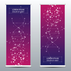 Abstract roll up banner for presentation and publication. Scientific, technological and medical template. Molecule structure background, vector illustration.