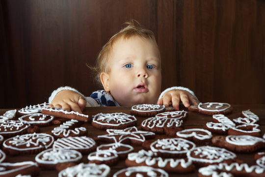 Small boy tries to grab traditional homemade Christmas ginger and chocolate cookie decorated with white sugar painting