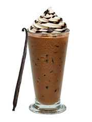 Iced coffee with cream vanilla pod and sauce on white background