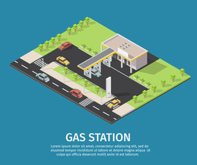 Isometric Gas filling station Vector flat illustration of oil service for with shop elements and background