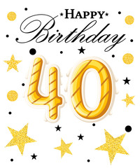 40th Happy Birthday logo. Beautiful greeting card poster with calligraphy Word gold fireworks. Hand drawn design elements. Handwritten modern brush lettering on a black background isolated vector.