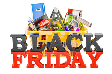 Black Friday inscription with shopping basket full of home and kitchen appliances, 3D rendering