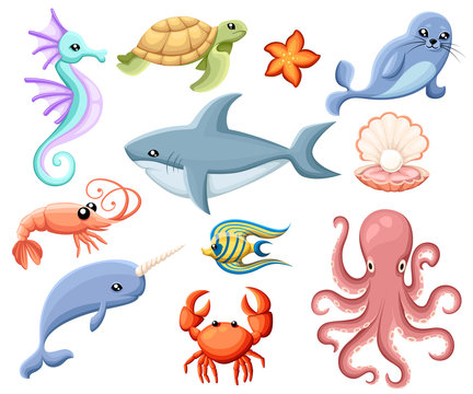 Cute vector sea creatures. Cartoon smiling sea animals. Co ored sea fish and seahorse, whale and octopus illustration seal crab shell shark octopus shrimp Web site page and mobile app design