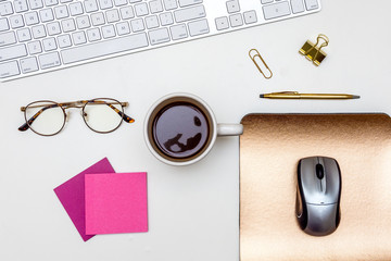White Desk With Keyboard Notebook Glasses Work Office Supplies Freelance Minimal 