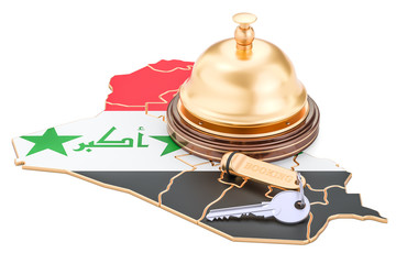 Iraq booking concept. Iraqi flag with hotel key and reception bell, 3D rendering