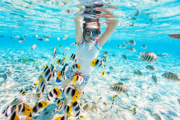 Woman snorkeling with tropical fish - obrazy, fototapety, plakaty