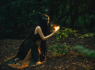 A fabulous, forest nymph with long hair found a flaming, fiery flower, with which little...