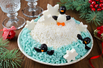 Festive salad penguins on an ice floe