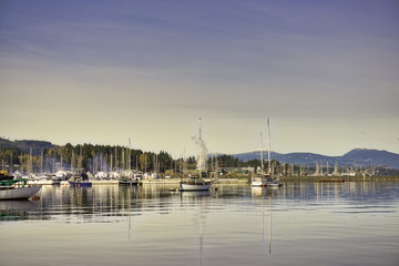 View of Ladysmith marina at sunset, taken in Vancouver Island, BC, Canada