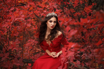Incredible stunning girl in a red dress. The background is fantastic autumn. Artistic photography.